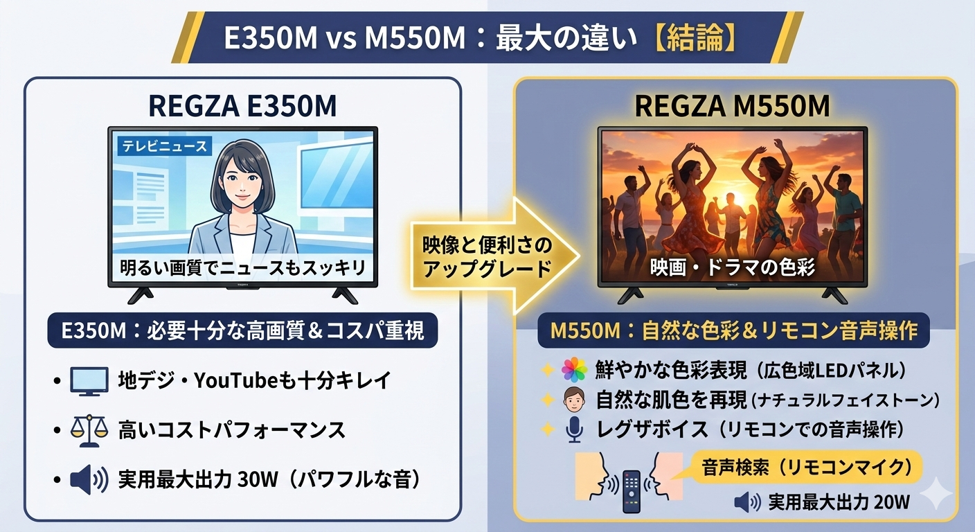 はるとぴっくす | 【2026最新】REGZA E350MとM550Mの違いを徹底比較！結局どっちを買うのが正解？