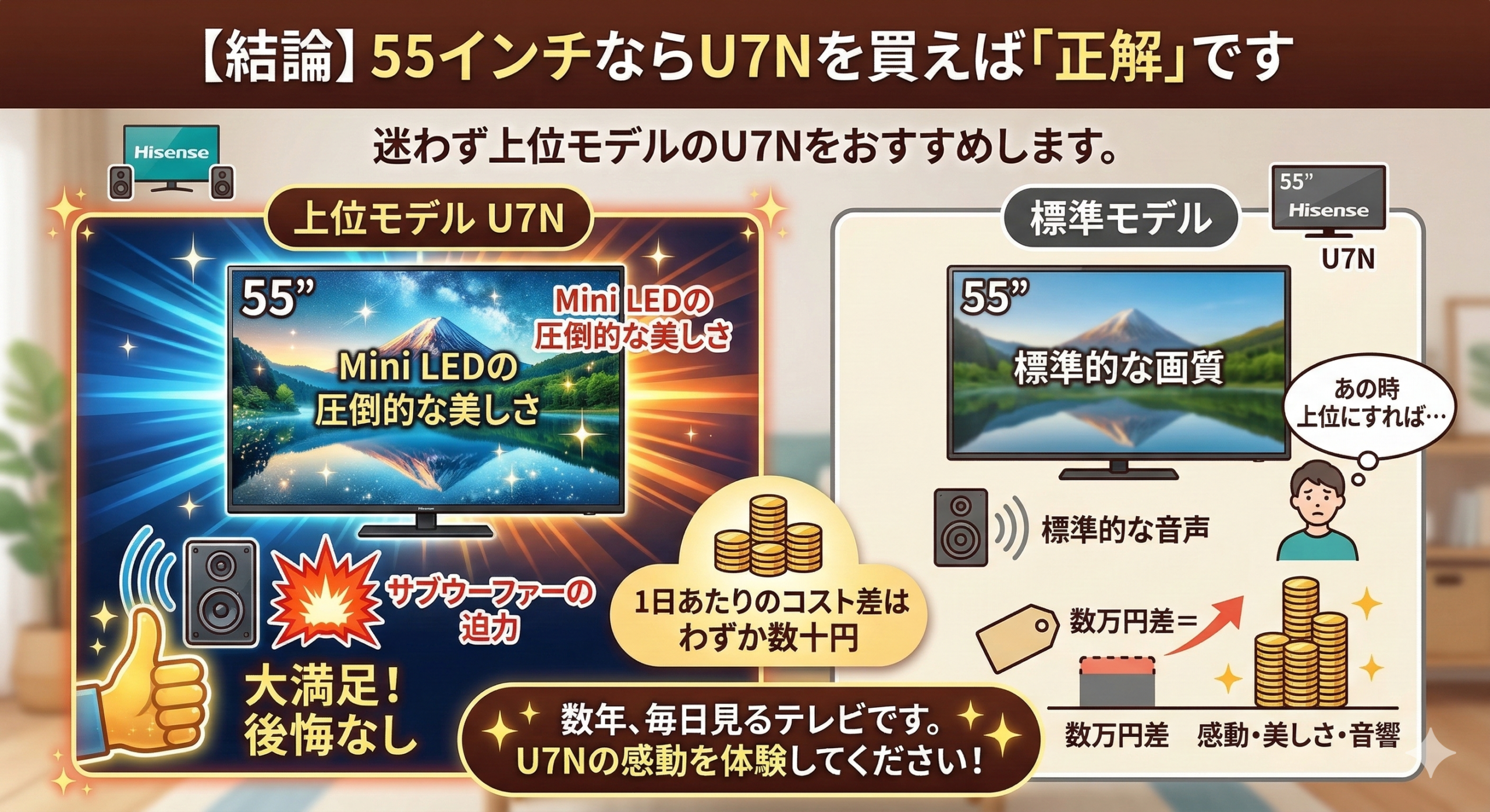 はるとぴっくす | ハイセンス 55E7Nと55U7Nの違いは5つ！Mini LED搭載のU7Nが買いな理由