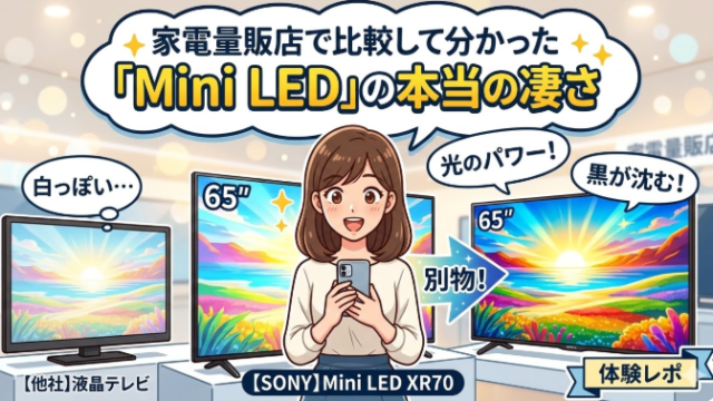 家電量販店でソニーのMini LED搭載テレビBRAVIA K-65XR70と他社液晶テレビを比較して「Mini LEDは別物」と確信した女性のイラスト。HaruPicksのテイスト。