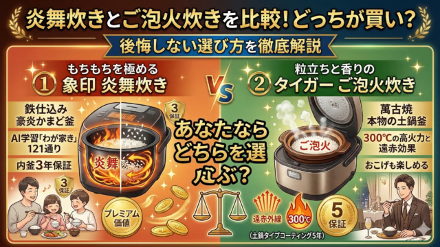 「炎舞炊きとご泡火炊きを比較！どっちが買い？」と題されたインフォグラフィック。 画面中央の天秤が、左側の「① 象印：炎舞炊き」（オレンジ色）と、右側の「② タイガー：ご泡火炊き」（緑色）を天秤にかけている。 左側の象印のセクション（オレンジ色基調）は「① 象印：もちもちを極める【炎舞炊き】」。内釜（豪炎かまど釜）に3年保証のマーク、激しい熱対流を生み出す炊飯器のイラスト、そして笑顔でご飯を食べる家族のイラストが描かれ、「鉄仕込み豪炎かまど釜」「AI学習「わが家炊き」121通り」「もちもち感を極める」などの文字がある。もちもち感と自分好みに育つAI機能を強調している。 右側のタイガーのセクション（緑色基調）は「② タイガー：粒立ちと香りの【ご泡火炊き】」。本物の土鍋（萬古焼）を使用していることを強調するイラスト、300℃の高火力と炎のアイコン、土鍋タイプ内釜に5年保証のマーク、おこげのイラスト、そして料亭でご飯を楽しむ男性のイラストが描かれ、「萬古焼 本物の土鍋釜」「300℃の高火力と遠赤効果」「おこげも楽しめる」などの文字がある。粒立ちと料亭のような香ばしい直火の味を強調している。 天秤の上部には、迷っている男性のイラスト、中央下部には「あなたならどちらを選ぶ？」というメッセージ、最後に「保証期間」が3年（象印）と5年（タイガー）であることが添えられ、賢い選択を促している。全体的に明るく、クリックを促す魅力的なデザイン。