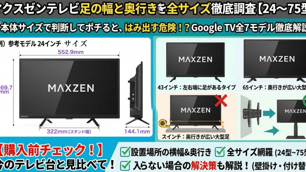 はるとぴっくす | マクスゼン テレビ足の幅と奥行きを全サイズ徹底調査【24〜75型】