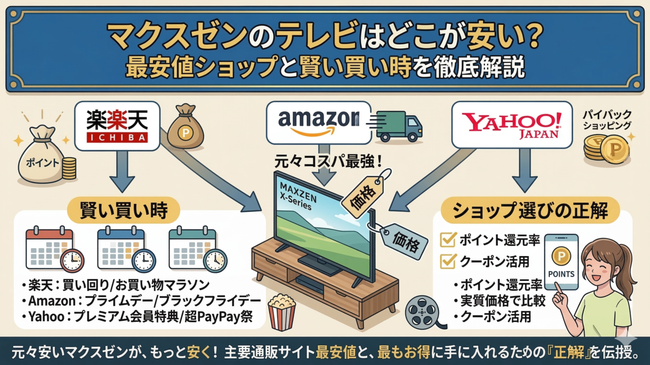 はるとぴっくす | マクスゼンのテレビはどこが安い？最安値ショップと賢い買い時を徹底解説【2026年最新】