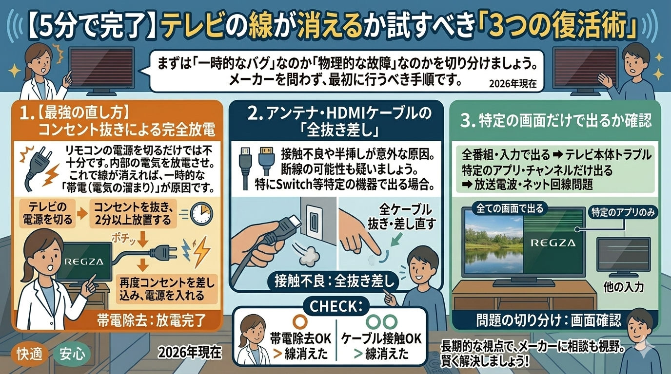 はるとぴっくす | テレビ画面に線が入る原因と直し方！白い横線や一本の縦線は寿命？【セルフ故障診断】