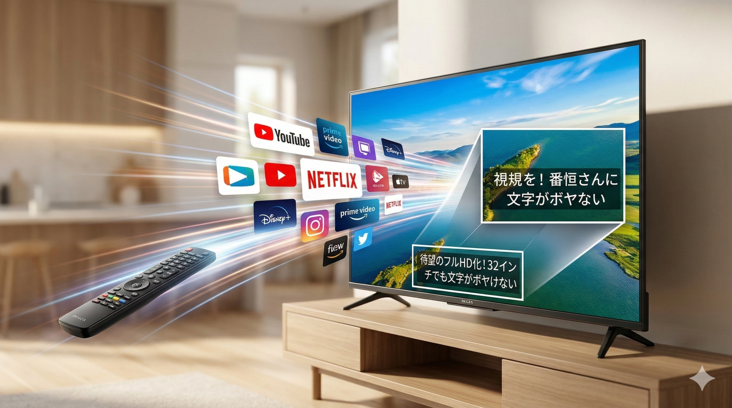 最新の32インチREGZA 32V35S液晶テレビ。画面に向かってリモコンが指され、そこから光の速さでアプリが起動する演出。画面内の映像は非常に高精細で、拡大されたテロップ（字幕）もボヤけずクッキリと表示されている。性能の進化を象徴する一枚。