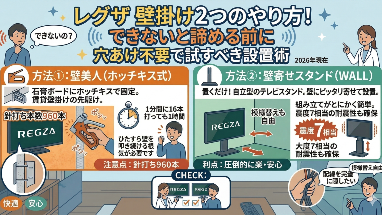 はるとぴっくす | レグザ 壁掛け２つのやり方！できないと諦める前に穴あけ不要で試すべき設置術