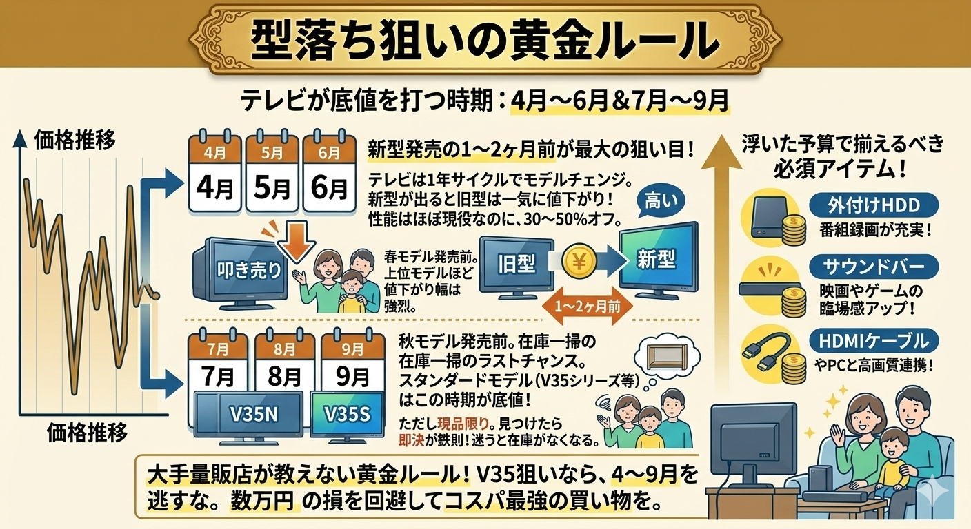 はるとぴっくす | 【2026年】テレビの型落ち時期はいつ？モデルチェンジ前後の「価格推移」と賢い選び方