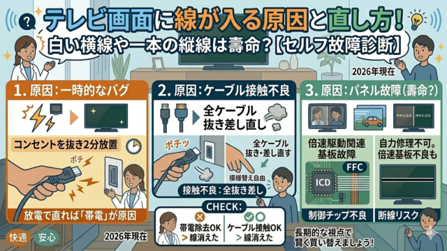 はるとぴっくす|テレビ画面に線が入る原因と直し方！白い横線や一本の縦線は寿命？【セルフ故障診断】