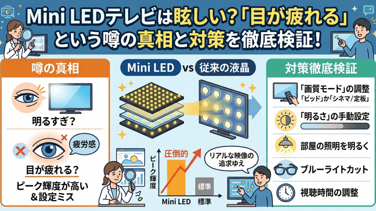 はるとぴっくす | Mini LEDテレビは眩しい？「目が疲れる」という噂の真相と対策を徹底検証！