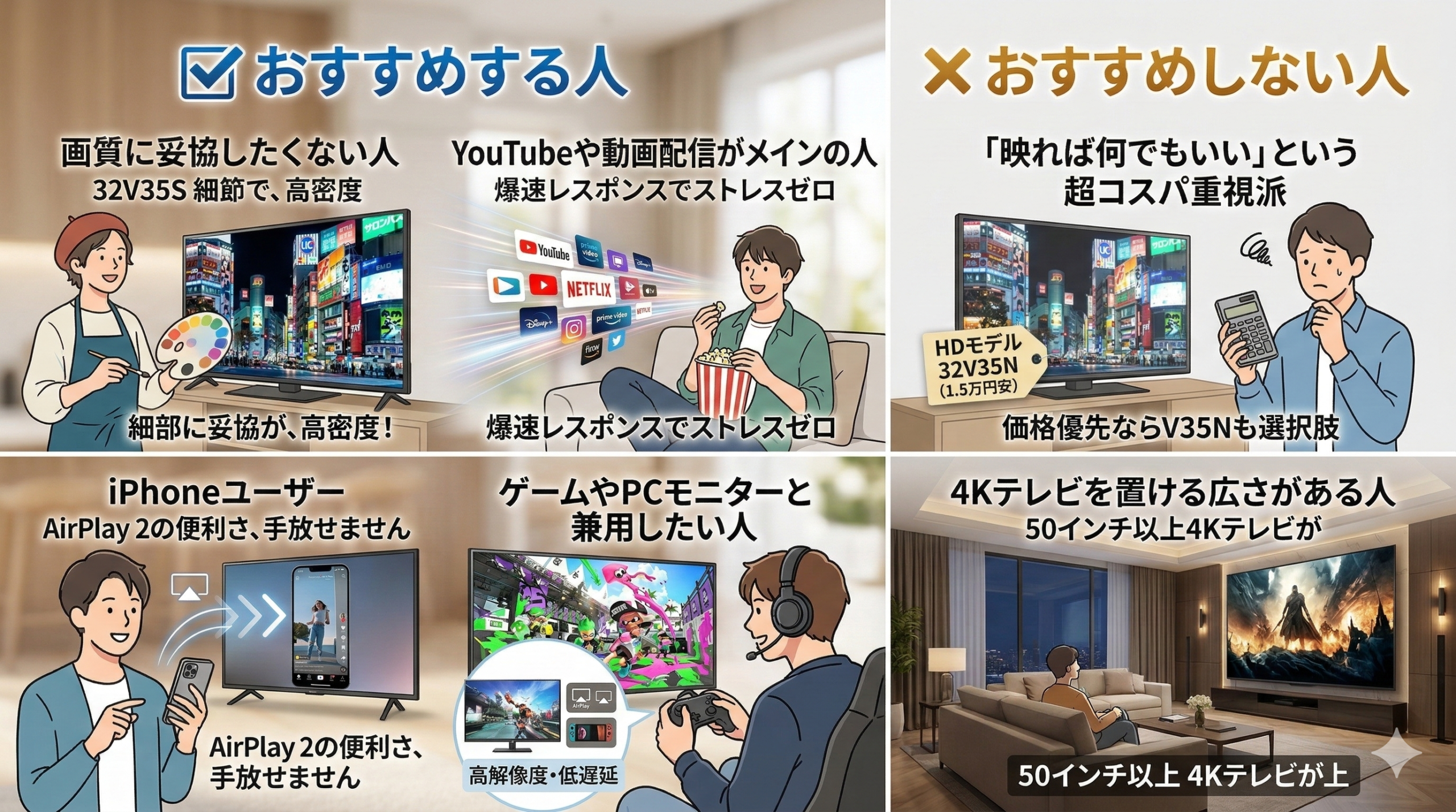 32V35Sの購入を迷う読者に向けた、対比構造のイメージイラスト。左側はフルHD画質や爆速レスポンス、iPhone連携、ゲームを楽しむ「おすすめする人」の満足げな様子。右側は価格を最優先する人や、広さがあり4Kテレビを選べる人など「おすすめしない人」のシチュエーションを描き、自分に合った選択を促している。
